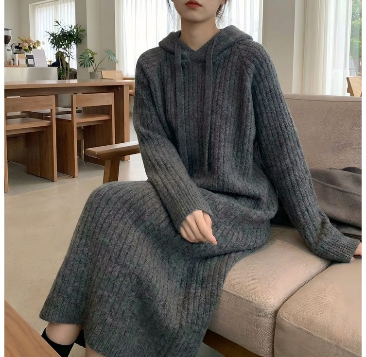 빅사이즈 골지 후드 롱 원피스