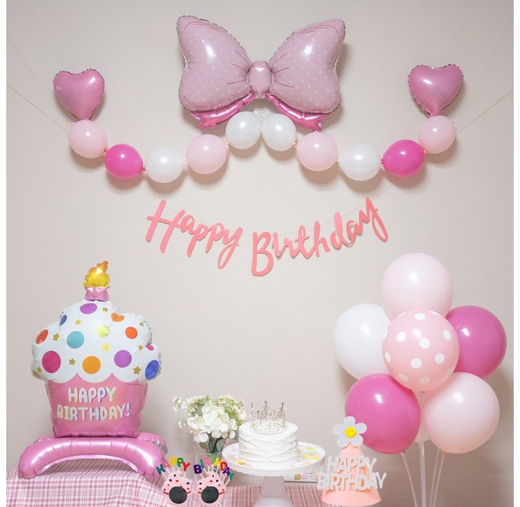 연지마켓 생일풍선 생일파티용품 리본풍선 세트, 핑크 케이크 세트