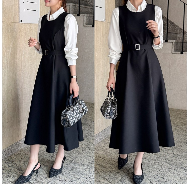 데일리앤 베를린 뷔스티에 플레어 벨트 세트 하객룩 원피스 지퍼 레이어드 봄 가을 사계절