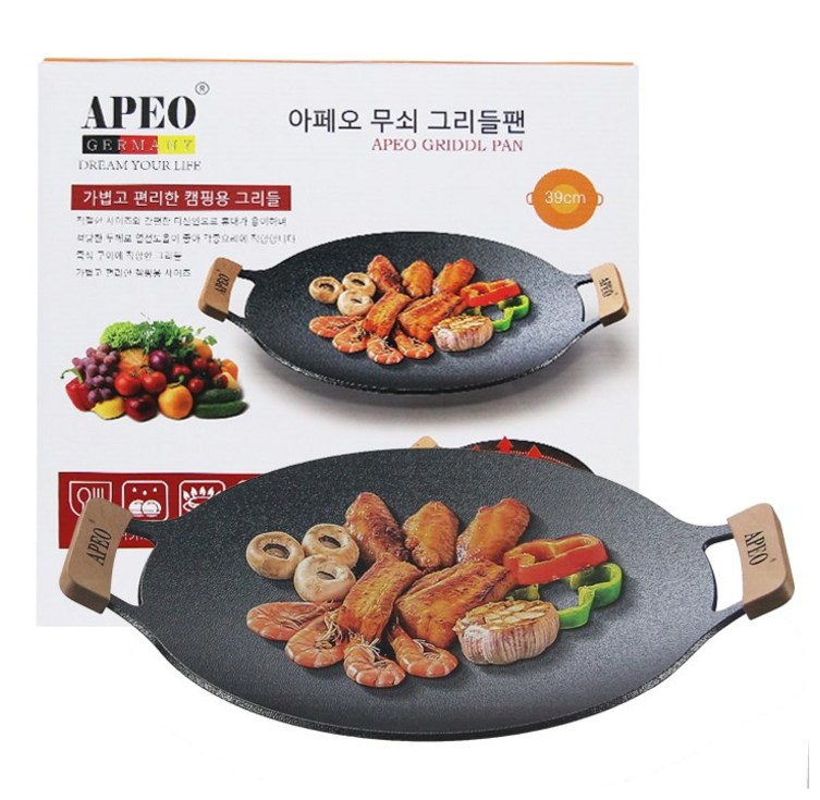 아페오 캠핑 무쇠 그리들팬 IH 인덕션 겸용 전용가방우드손잡이, 39cm, 1개