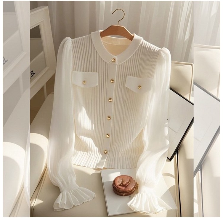 애플라인 골드 버튼 로맨틱 클래식 플리츠 쉬폰 블라우스