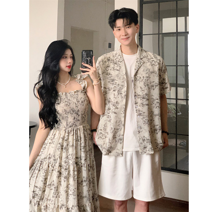 휘잇 스모크 밴딩 커플 시밀러룩 휴양지 바캉스 원피스