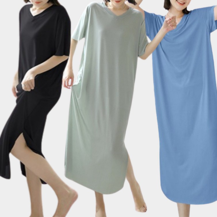 엔그로스 여성 쿨 반팔 롱 원피스 브이넥 옆트임 스판 루즈핏 치마 엔그로스 여성 쿨 반팔 롱 원피스 브이넥 옆트임 스판 루즈핏 치마